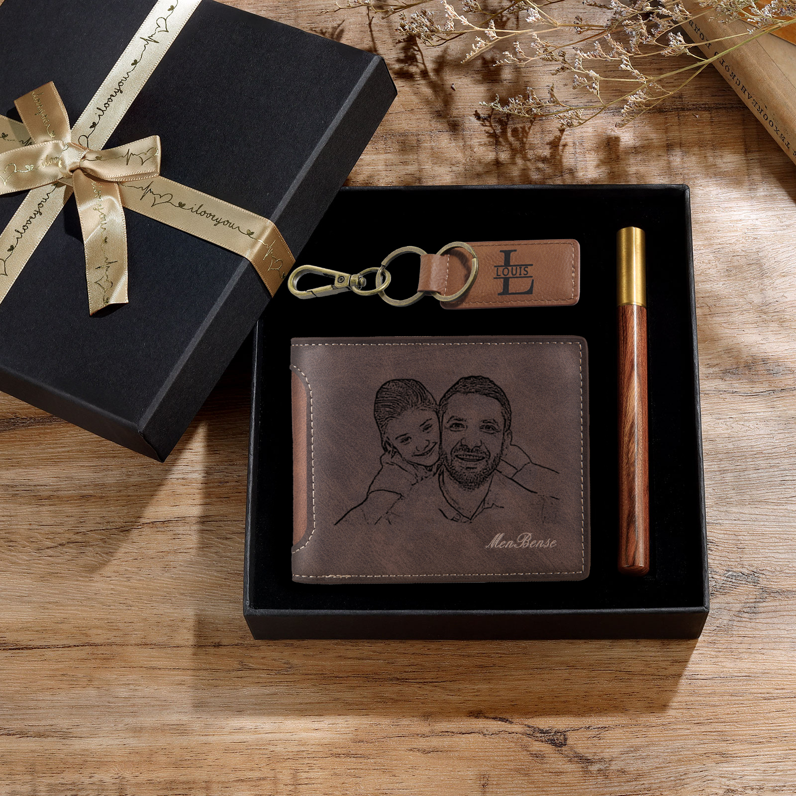Coffret Cadeau 3PCS - Portefeuille classique Porte-Clés et Stylo 1 Prénom et Lettre Personnalisés avec 1 Photo et Texte Coffret Cadeau pour Homme