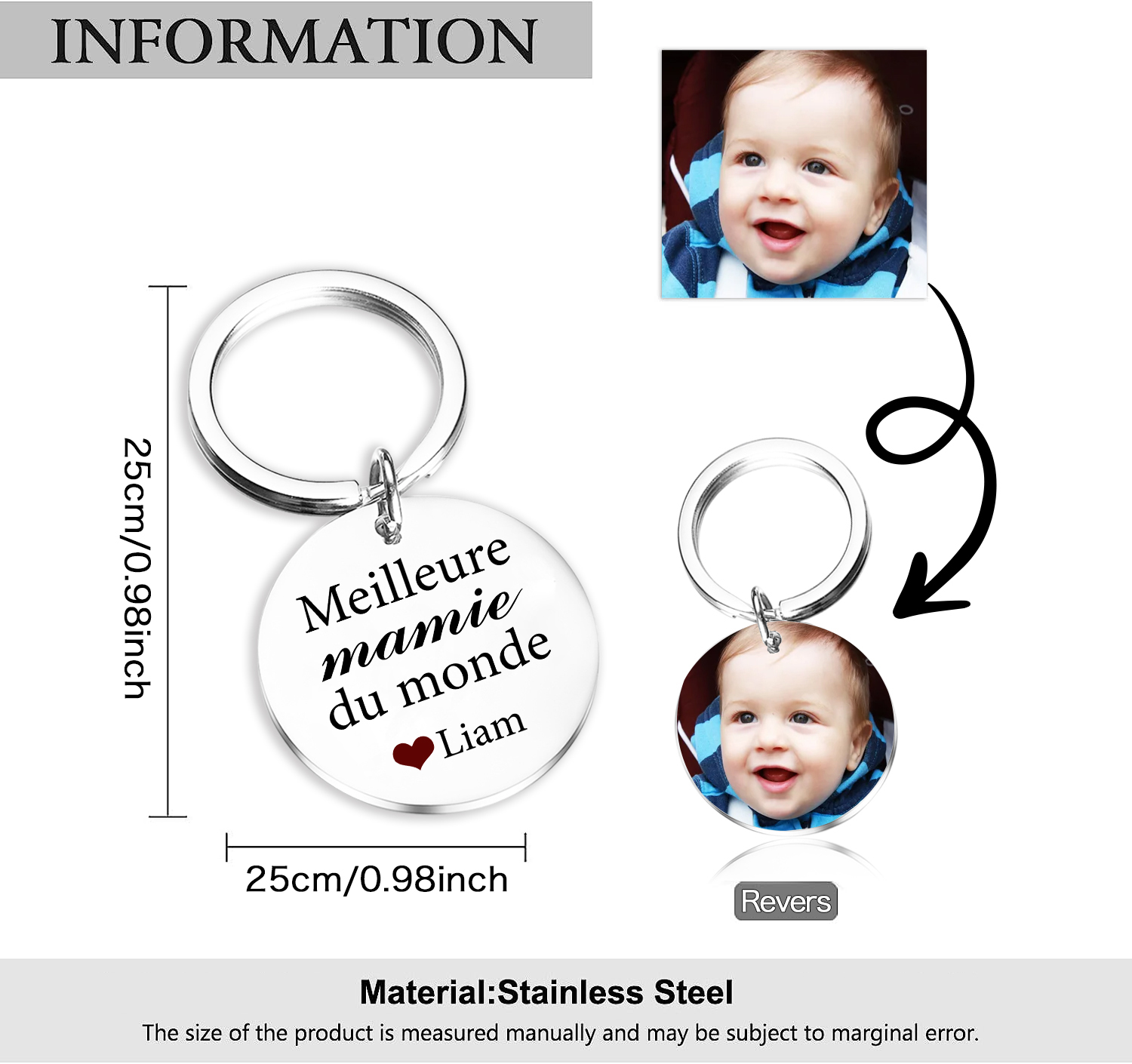 Porte-Clés 1 Prénom et Photo Personnalisés pour Mamie