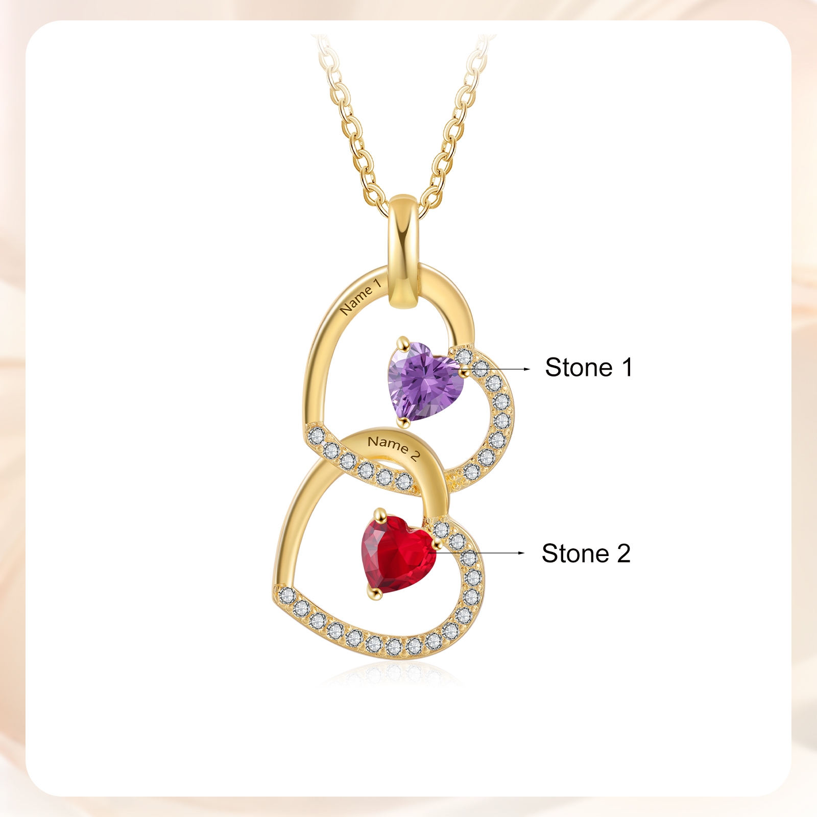 Collier Coeur Pendentif 2 Prénom Personnalisé avec Pierre de naissance｜Jessemade