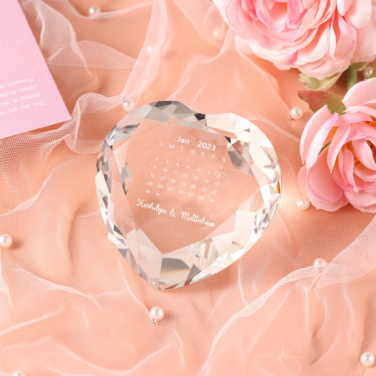 Décoration Cristal Cœur 2 Prénoms et 1 Date Personnalisés pour Couple