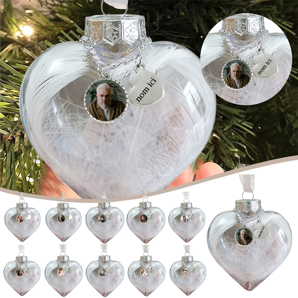 Boule transparente de plumes En forme de coeur Ornements Prénom Personnalisé avec photo boule de noël | Jessemade
