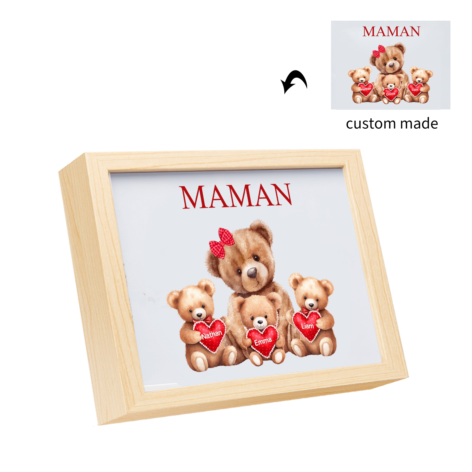 Cadre Photo LED Ours 3 Prénoms Personnalisés avec 1 Texte Décoration Famille
