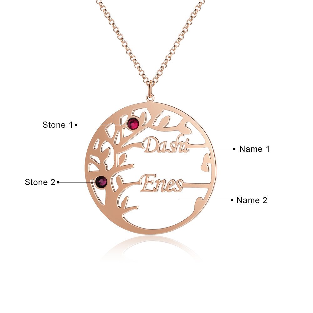 Collier Argent Arbre de vie Arbre généalogique 2 prenoms Avec Pierre De Naissance
