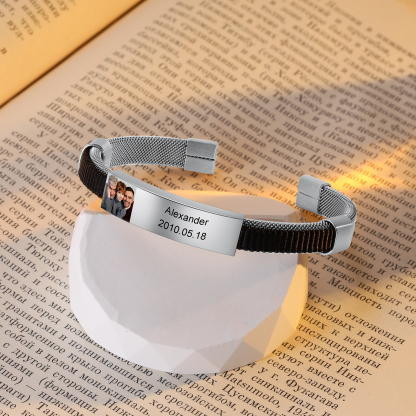 Bracelet Photo Personnalisé Bracelets Gourmette Gravure Prénom avec Date Argent/Or｜Jessemade