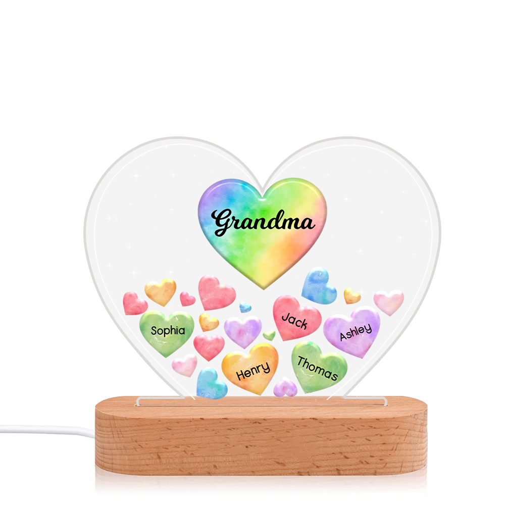 À Maman/Mamie - Lampe de chevet LED Cœurs 5 Prénoms Personnalisés avec 1 Texte