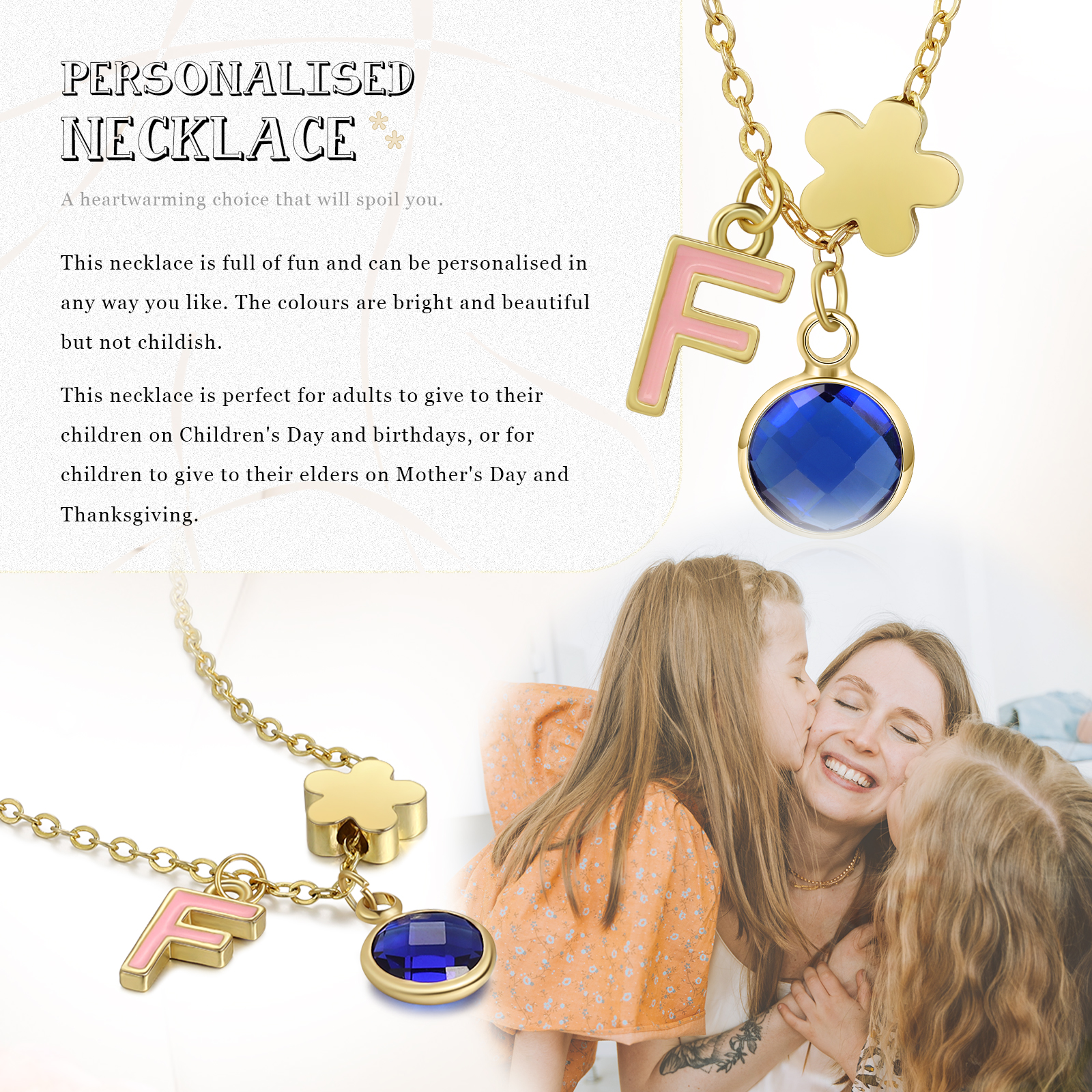 Collier Enfants Bébé Collier 1 Pierre de Naissance et 1 Lettre pour Fille Filleule