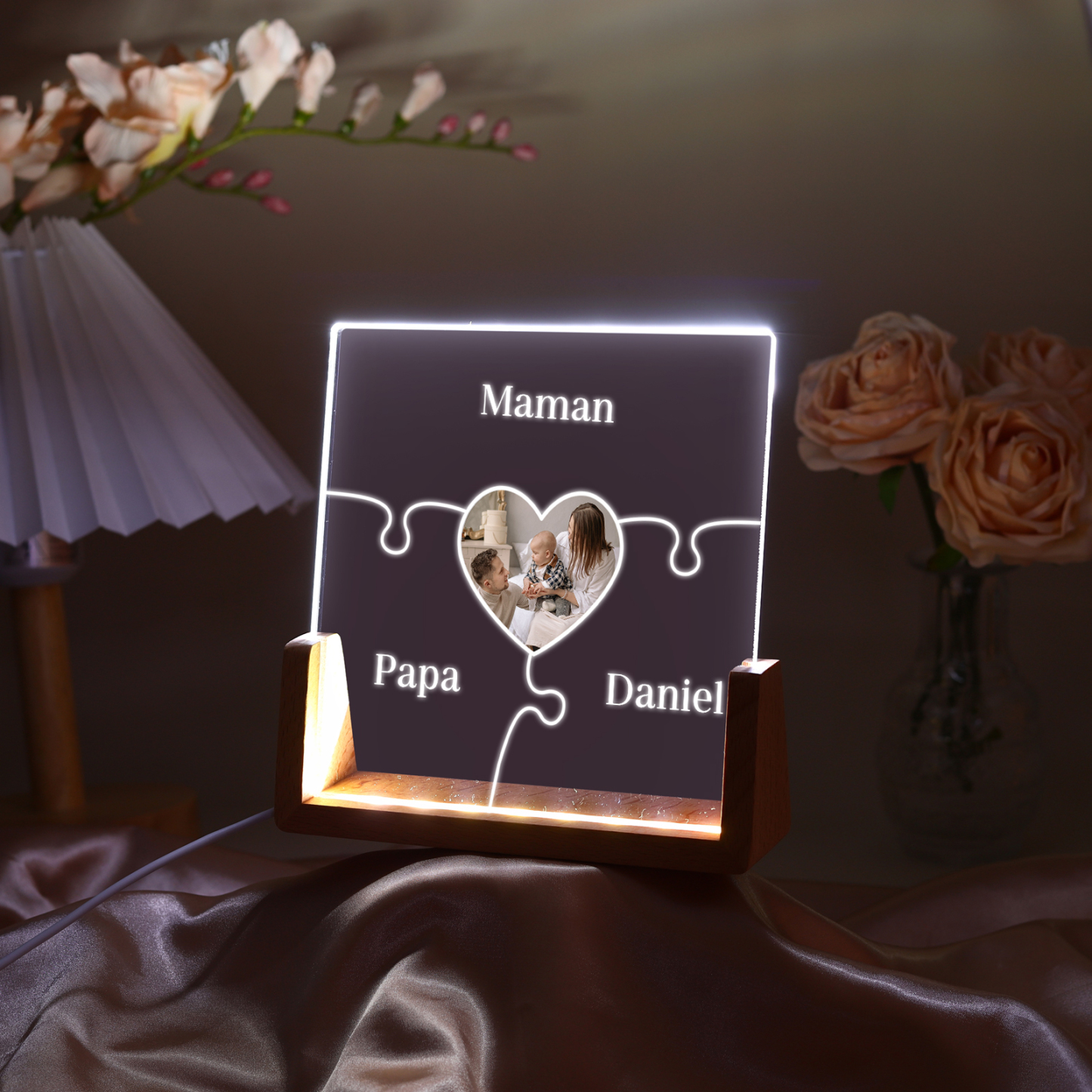 Lampe de chevet LED Puzzles 3 Prénoms Personnalisés avec Photo pour Famille