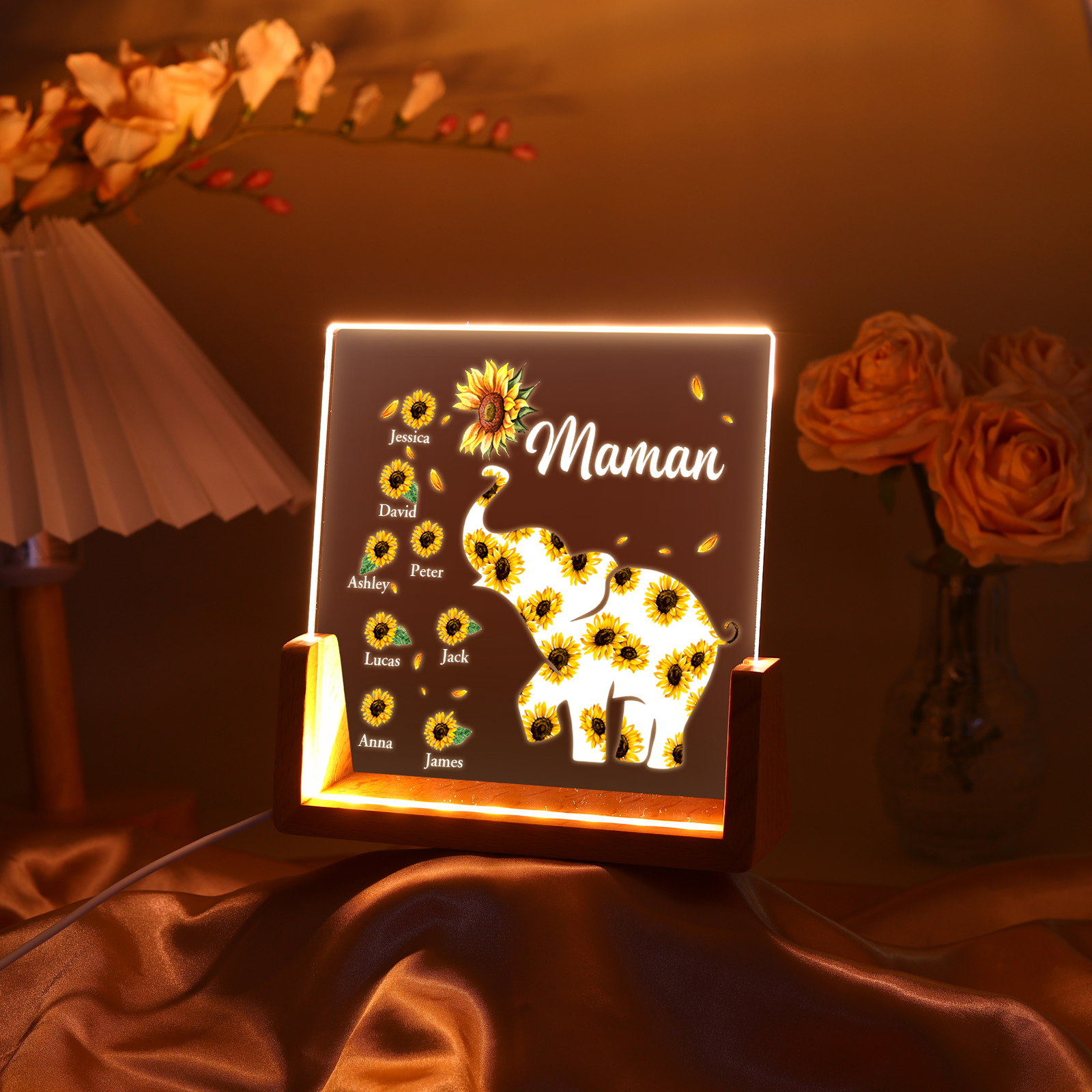 À Maman/Mamie - Lampe de chevet LED Éléphants 8 Prénoms Personnalisés avec Texte