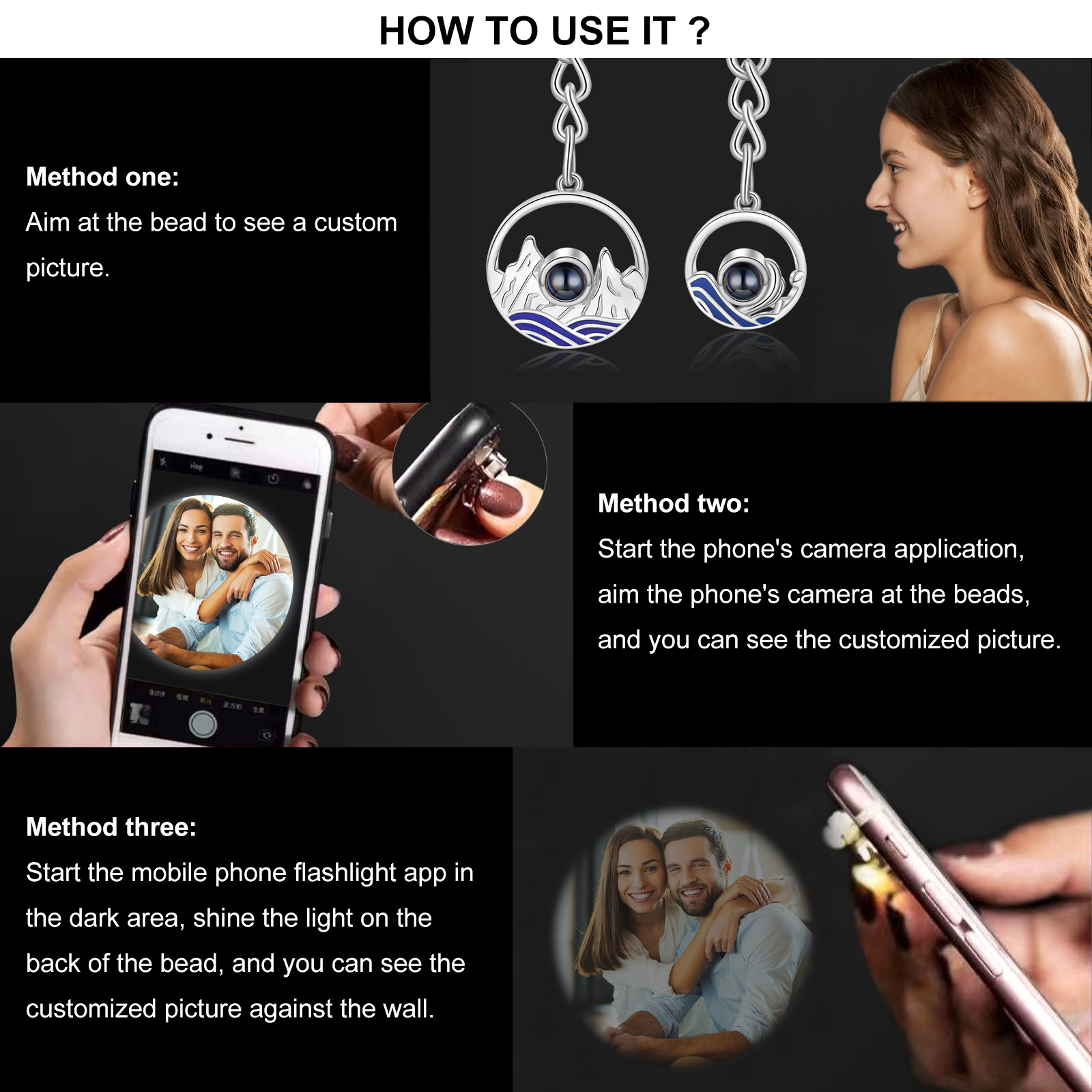 Porte-Clés Projection de Pierres 1 Photo Personnalisée pour Couple