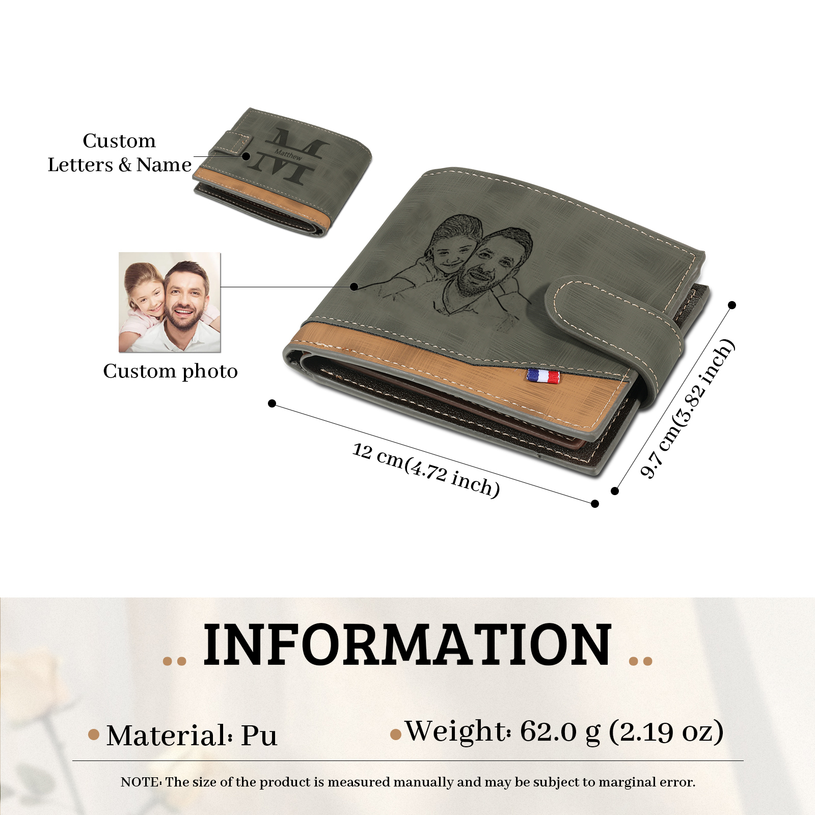 Coffret Cadeau 3PCS - Portefeuille classique Porte-Clés et Stylo 2 Prénoms et 2 Lettres Personnalisés avec 2 Photos et Textes Coffret Cadeau pour Homme