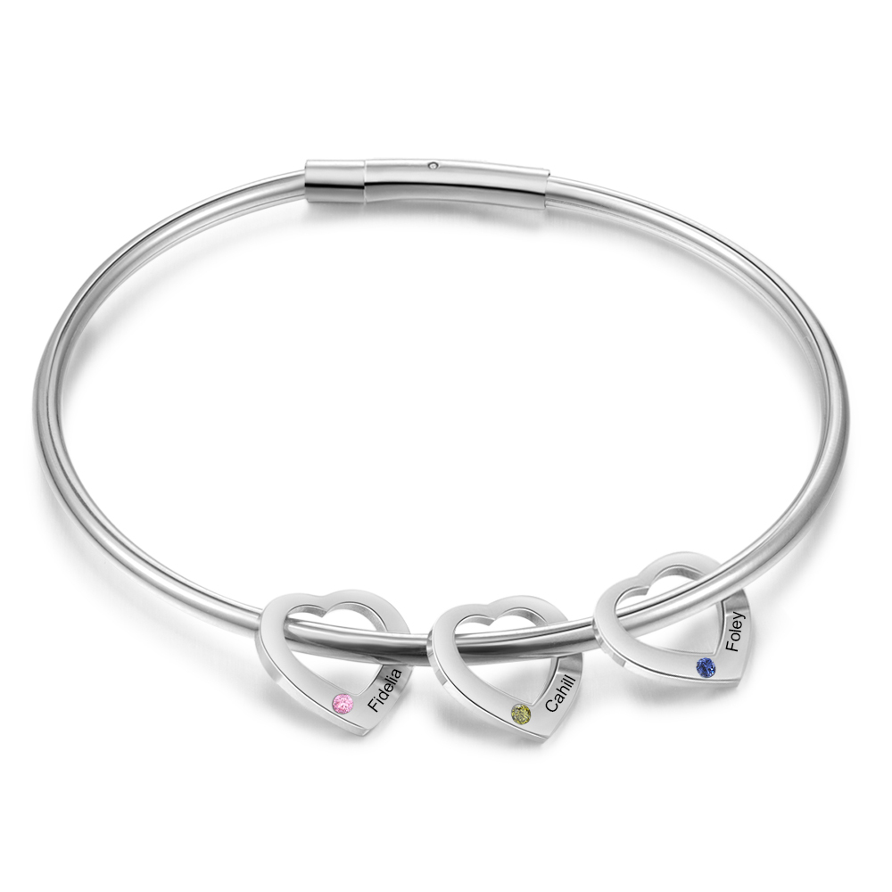 Bracelet jonc 3 Prénoms Personnalisés avec 3 Pierres de Naissance