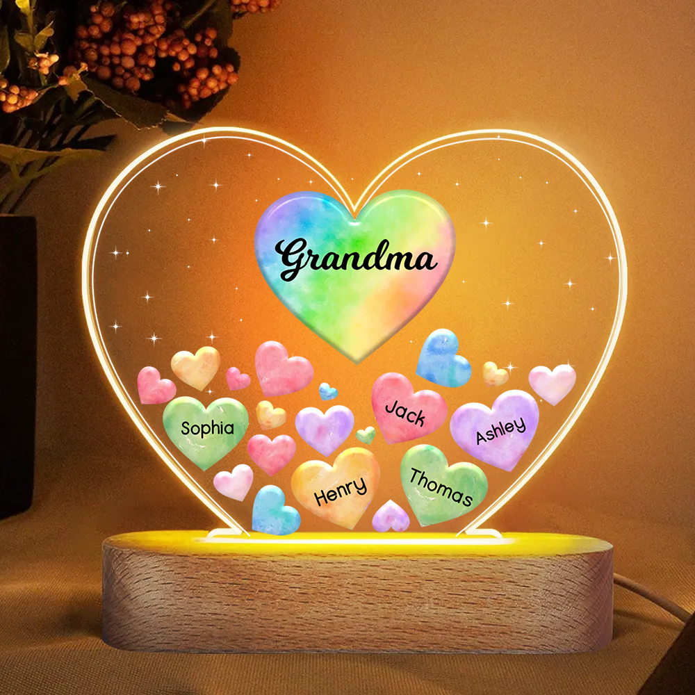 À Maman/Mamie - Lampe de chevet LED Cœurs 5 Prénoms Personnalisés avec 1 Texte