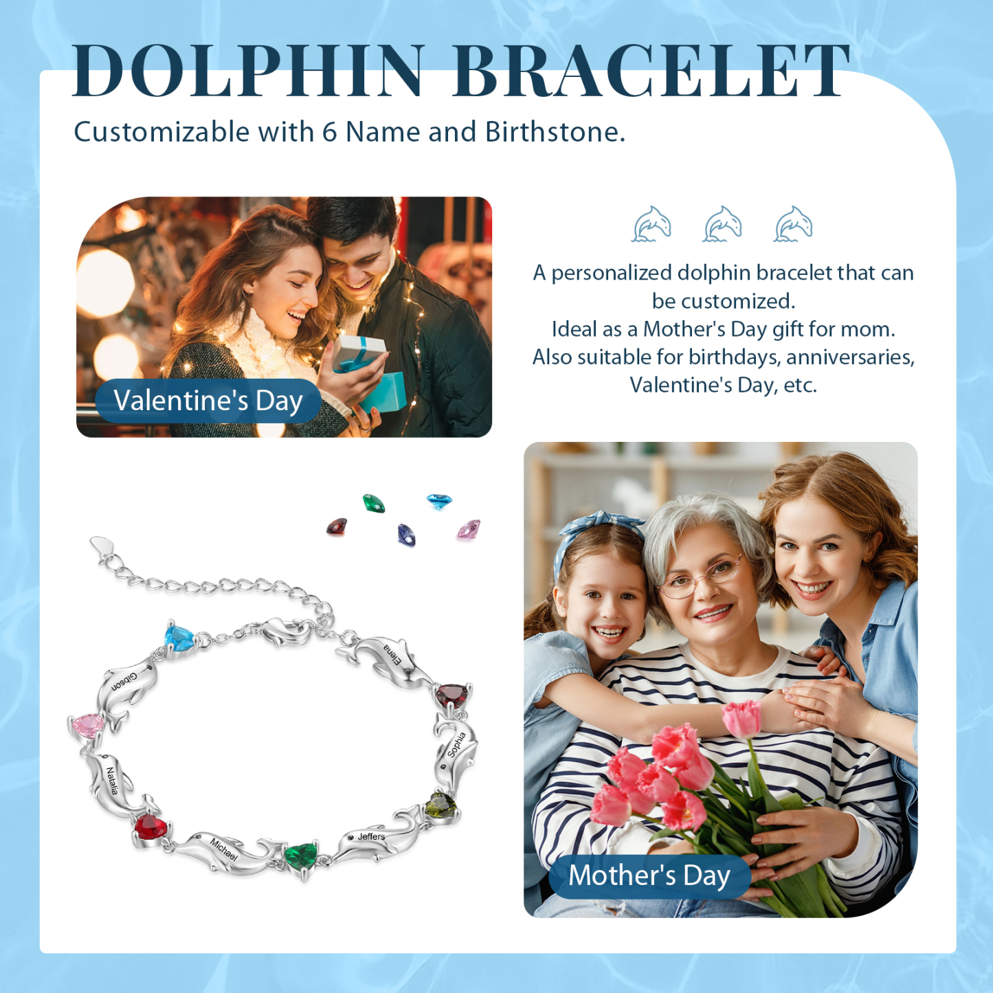 Bracelet dauphin 6 Prénoms Personnalisé avec 6 Pierres de Naissance