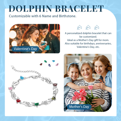 Bracelet dauphin 6 Prénoms Personnalisé avec 6 Pierres de Naissance