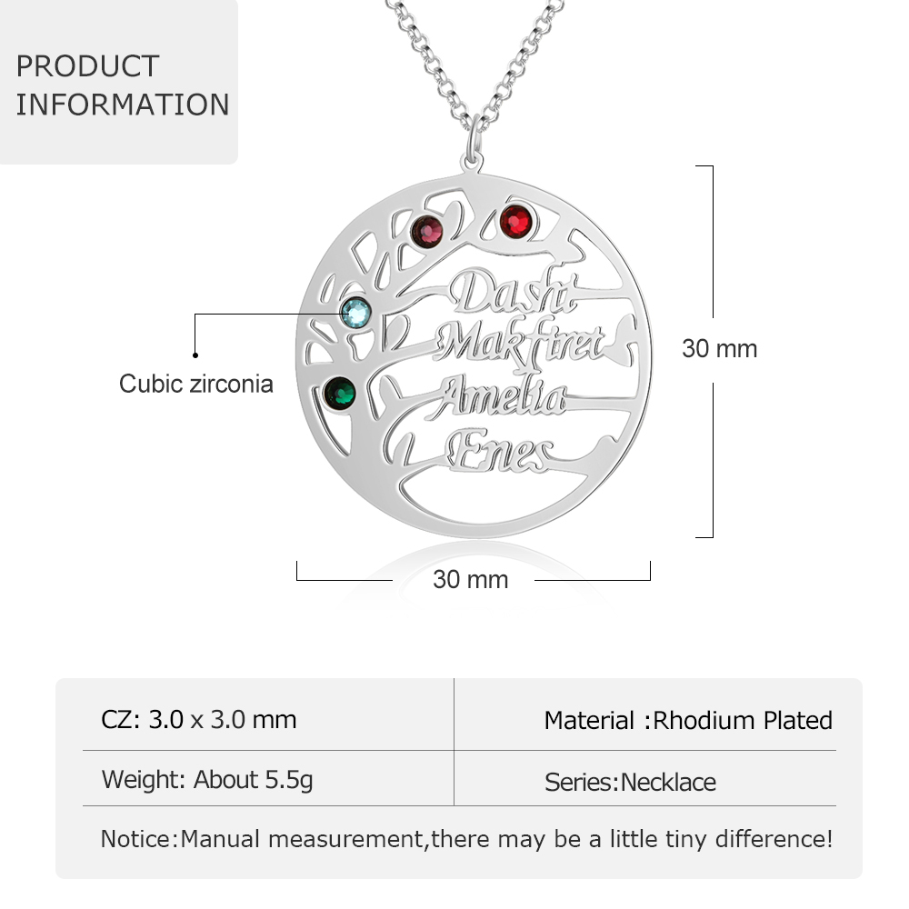 Collier Argent Arbre de vie Arbre généalogique 4 prenoms Avec Pierre De Naissance