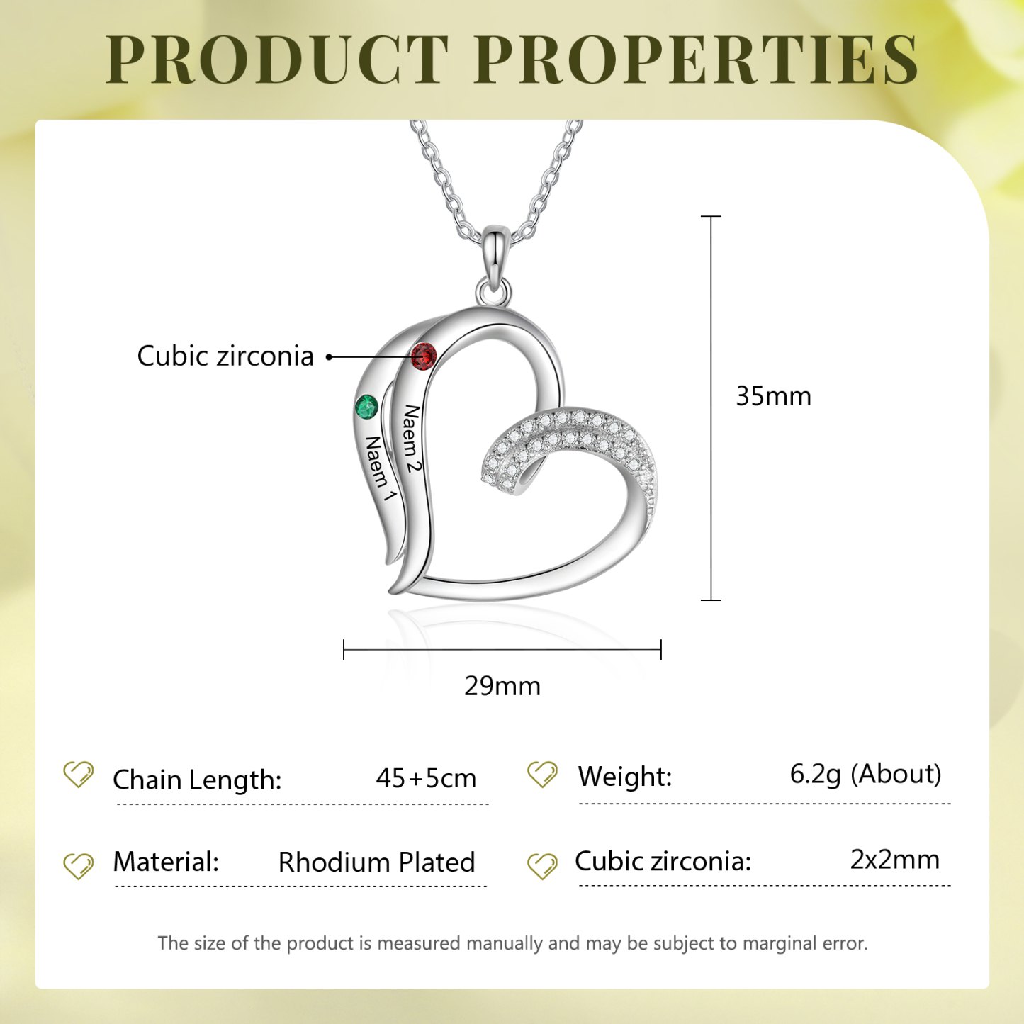 Collier Coeur 2 Prénoms Personnalisés avec Pierre de naissance pour Femmes|Jessemade