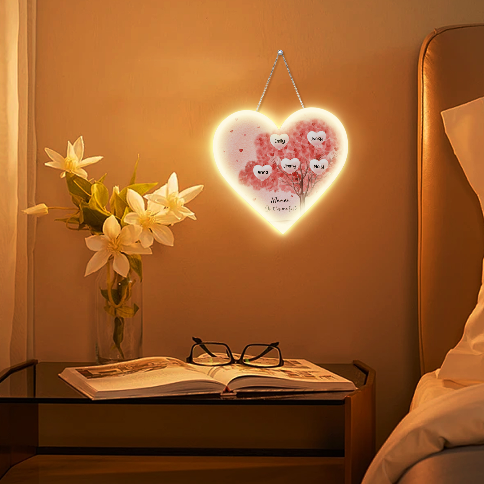 À Maman/Mamie - Veilleuse Cœur Arbre Décoration 5 Prénoms Personnalisés avec 1 Texte