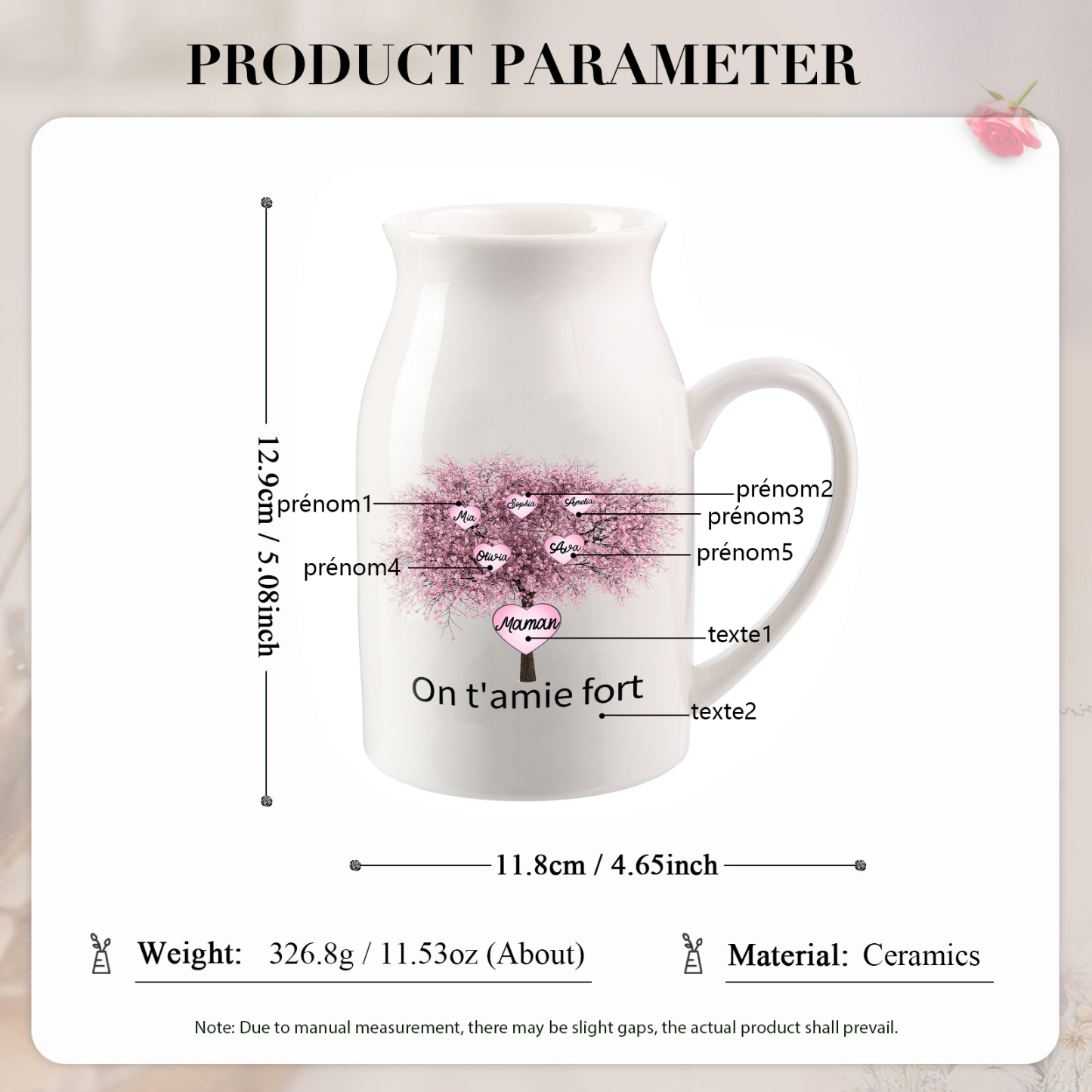 Vase à Fleurs Arbre 5 Prénoms Personnalisés avec 2 Textes Décoration de la Maison