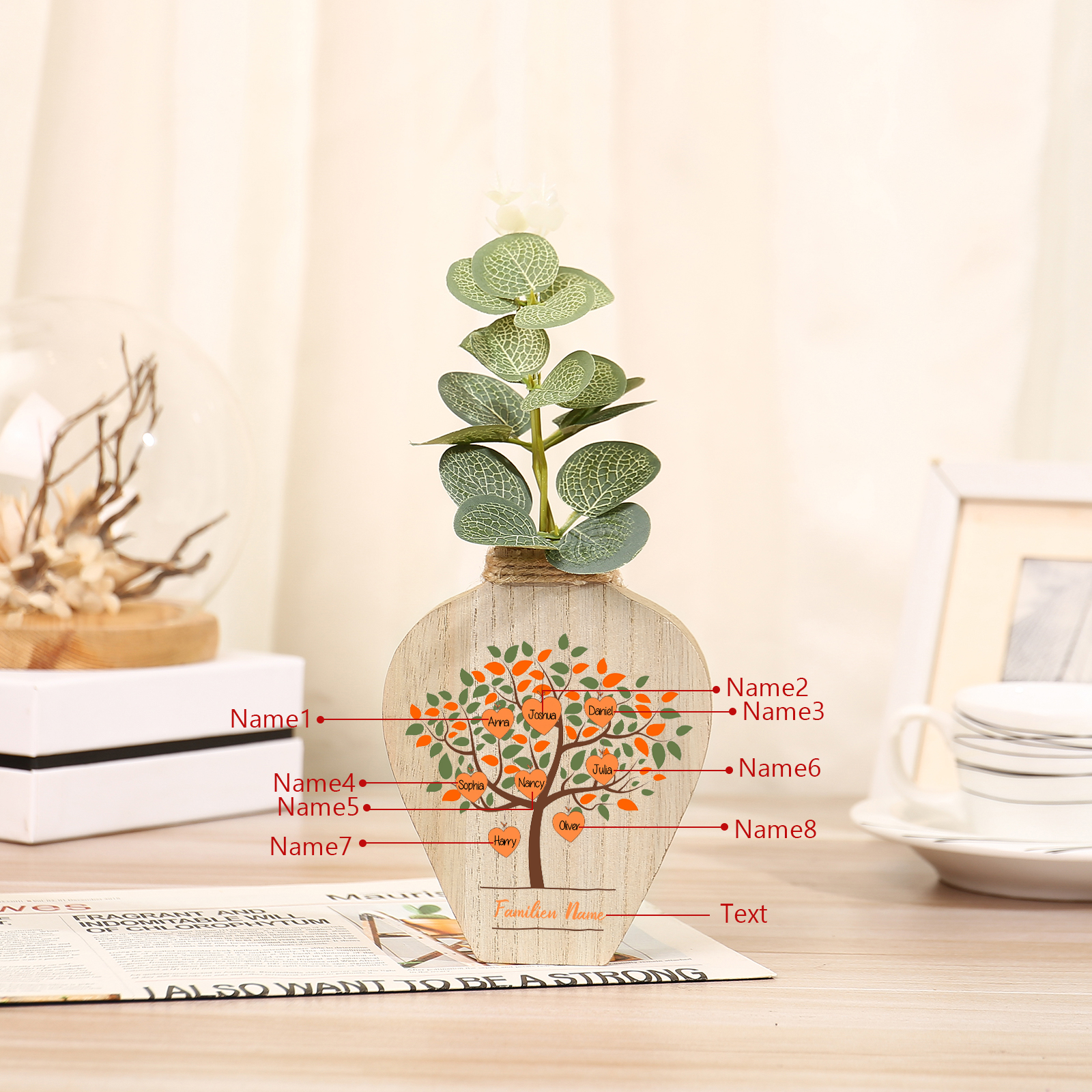 Petit Vase Créatif en Bois Arbre 8 Prénoms Personnalisés avec Texte Décoration de la Maison (sans plantes)