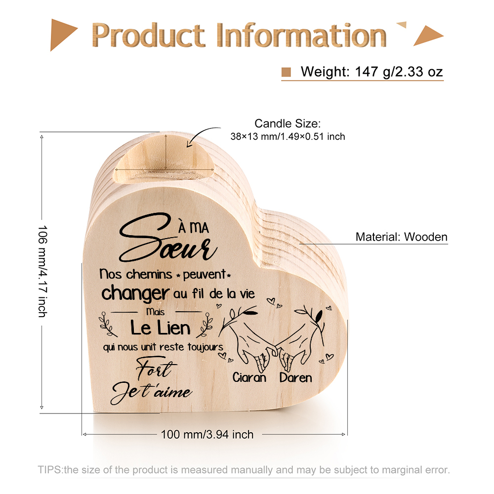 À Ma Sœur - Bougeoir en Bois 2 Prénoms Personnalisés sans bougie
