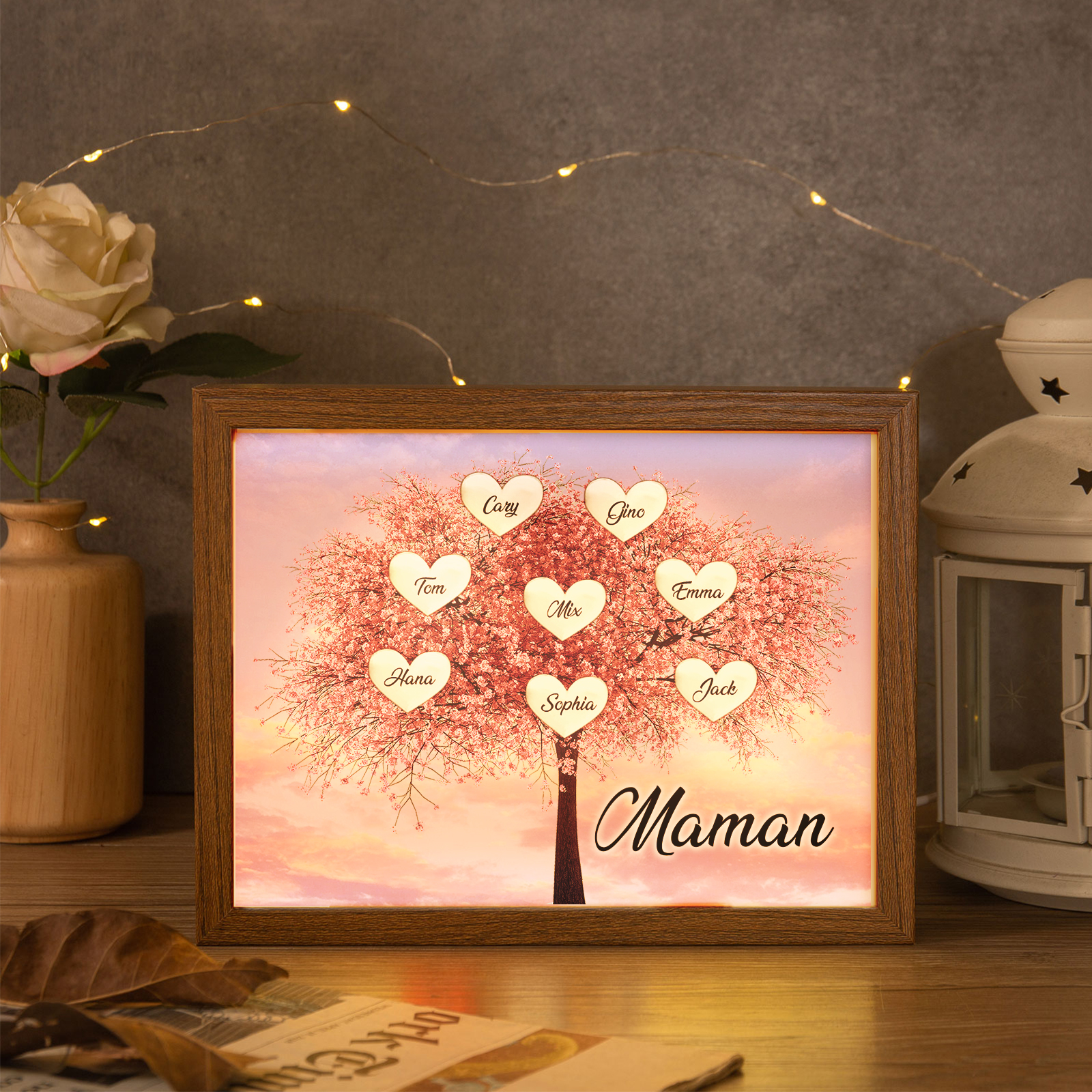 Cadre Photo LED Arbre de Vie 8 Prénoms et 1 Texte Personnalisé Décoration Famille