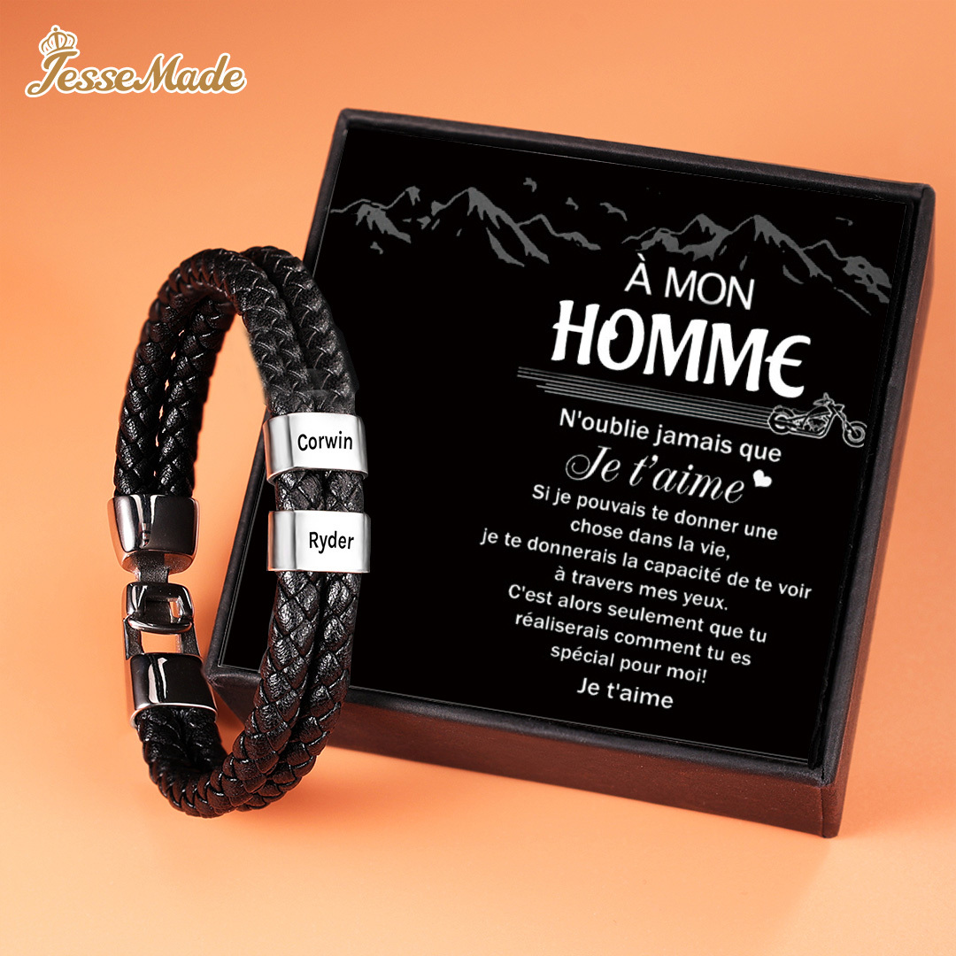 Bracelet en Cuir tressé 2 Prénom Personnalisé Bracelet Homme