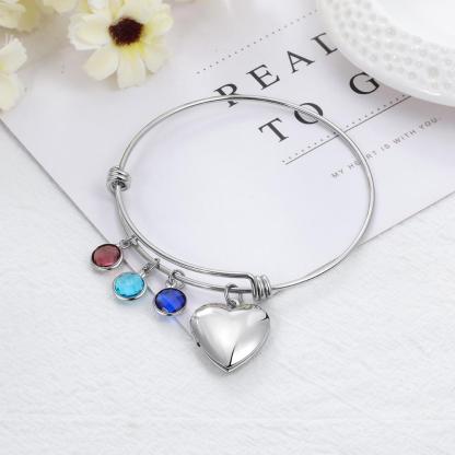 Bracelet Réglable Photo Personnalisé Coeur Avec 4 pierre de naissance