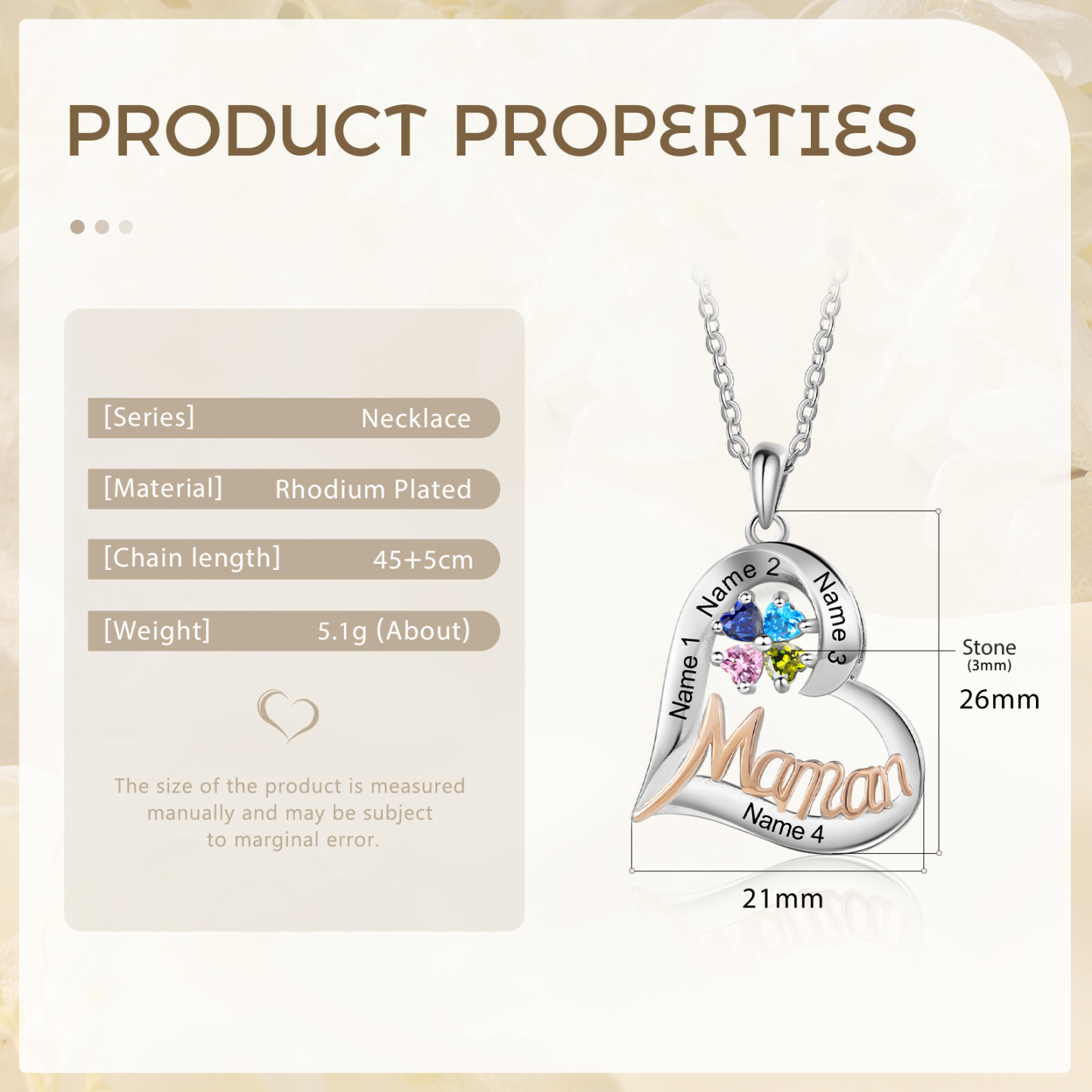 À Ma Maman-Collier Personnalisé Cœur avec 4 Prénoms et 4 Pierres de Naissance|Jessemade