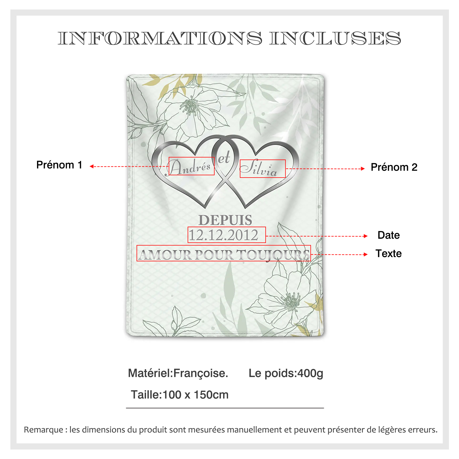 Couverture Plaids Polaire 2 Prénoms Personnalisés avec Date et Texte pour Couple | Jessemade