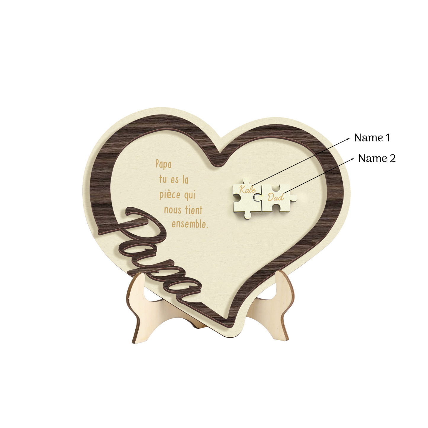À mon Papa - Décoration en bois Cœur Puzzle 2 Prénoms Personnalisés Ornement pour Famille