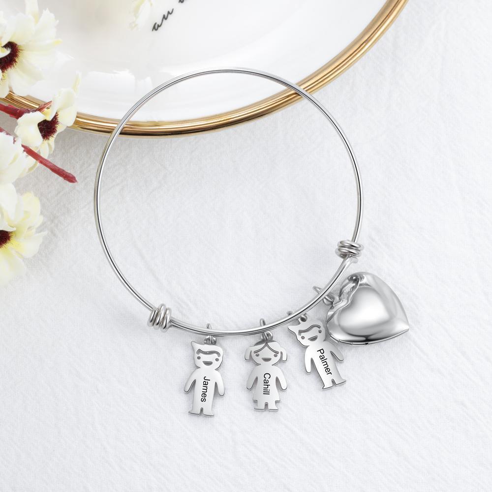 Bracelet Photo Personnalisé Coeur Avec 4 Enfants Breloques