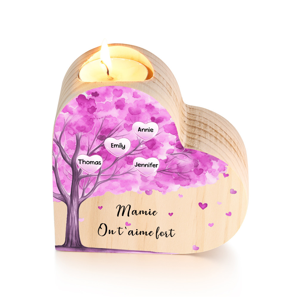 À Ma Maman/Mamie - Bougeoir en Bois Arbre 4 Prénoms et 1 Texte Personnalisés pour Famille sans bougie