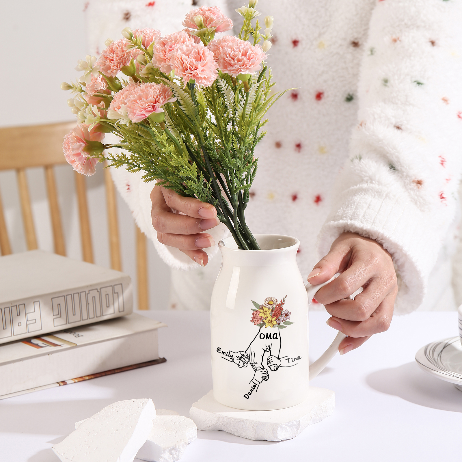 Vase à Fleurs la main dans la main 3 Prénoms Personnalisés avec Texte Décoration de la Maison