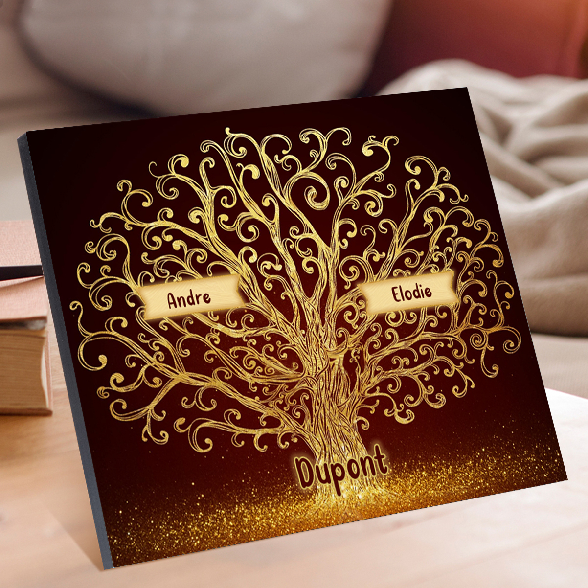 Cadre en Bois Arbre 2 Prénoms Personnalisés avec Texte Cadeau pour Famille