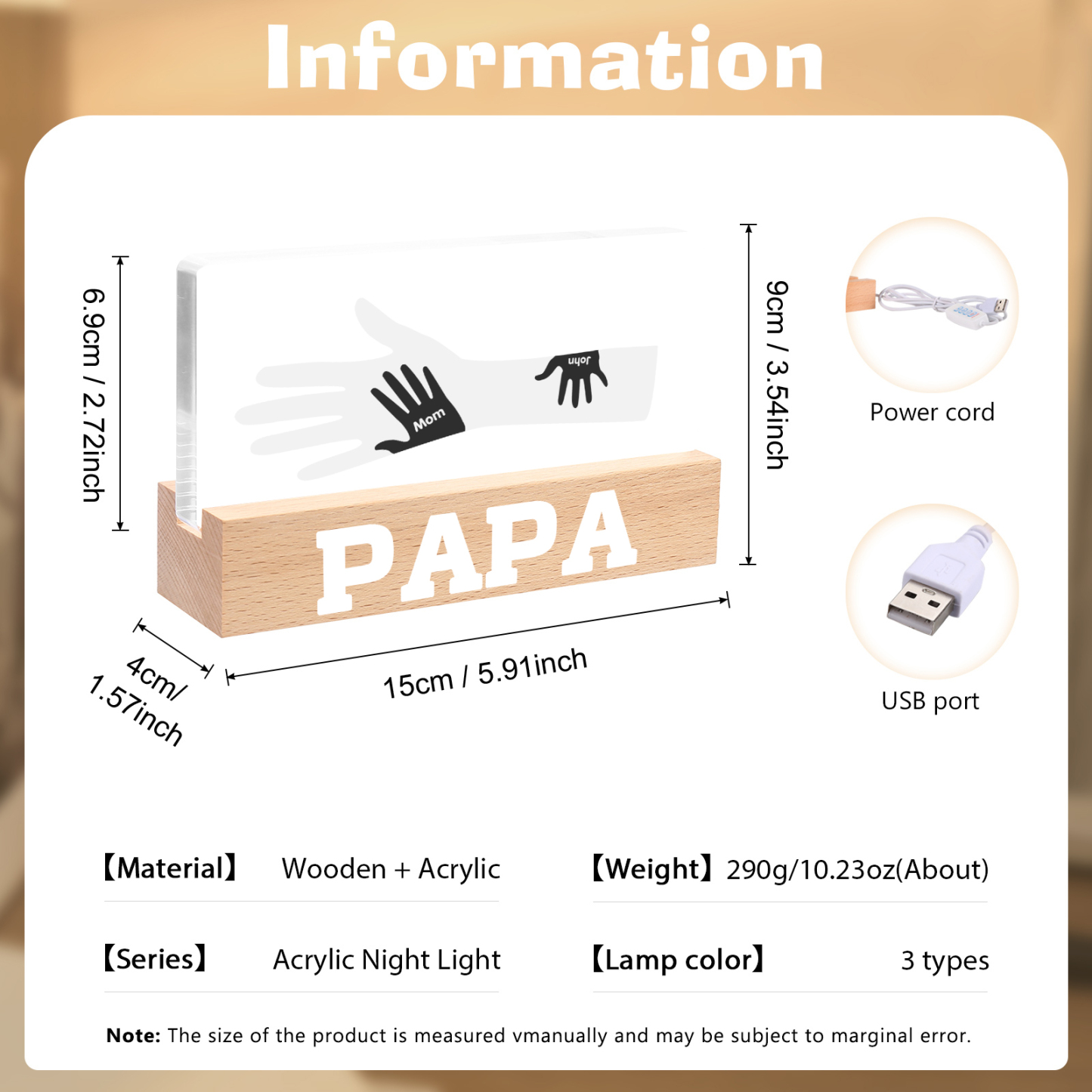 À Papa/Maman- Lampe de chevet LED Mains 2 Prénoms Personnalisés avec Texte pour Famille