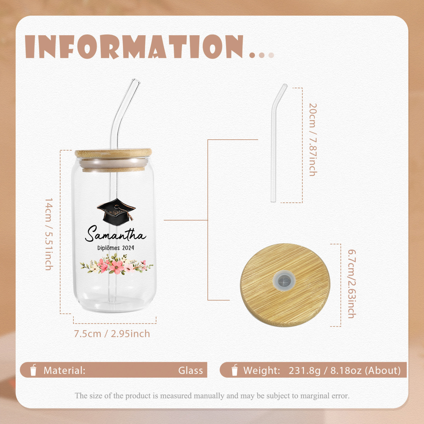 Tasse en Verre avec Paille Prénom et Texte Personnalisés Cadeau de remise des Diplômes