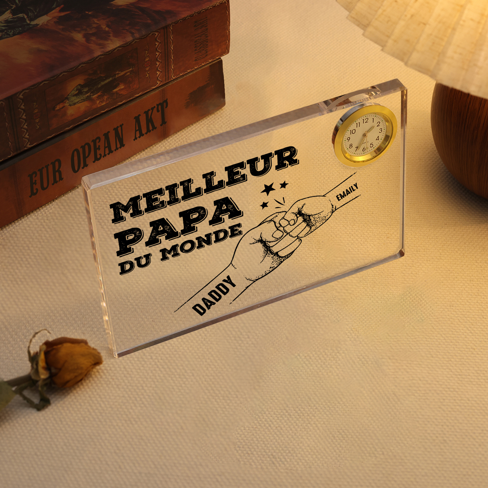 À mon Papa - Plaque Acrylique rectangle avec Horloge Poings 2 Prénoms Personnalisés