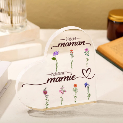À ma Mamie - Plaque Acrylique en forme de Cœur 2-10 Prénoms Personnalisés avec Fleur de naissance