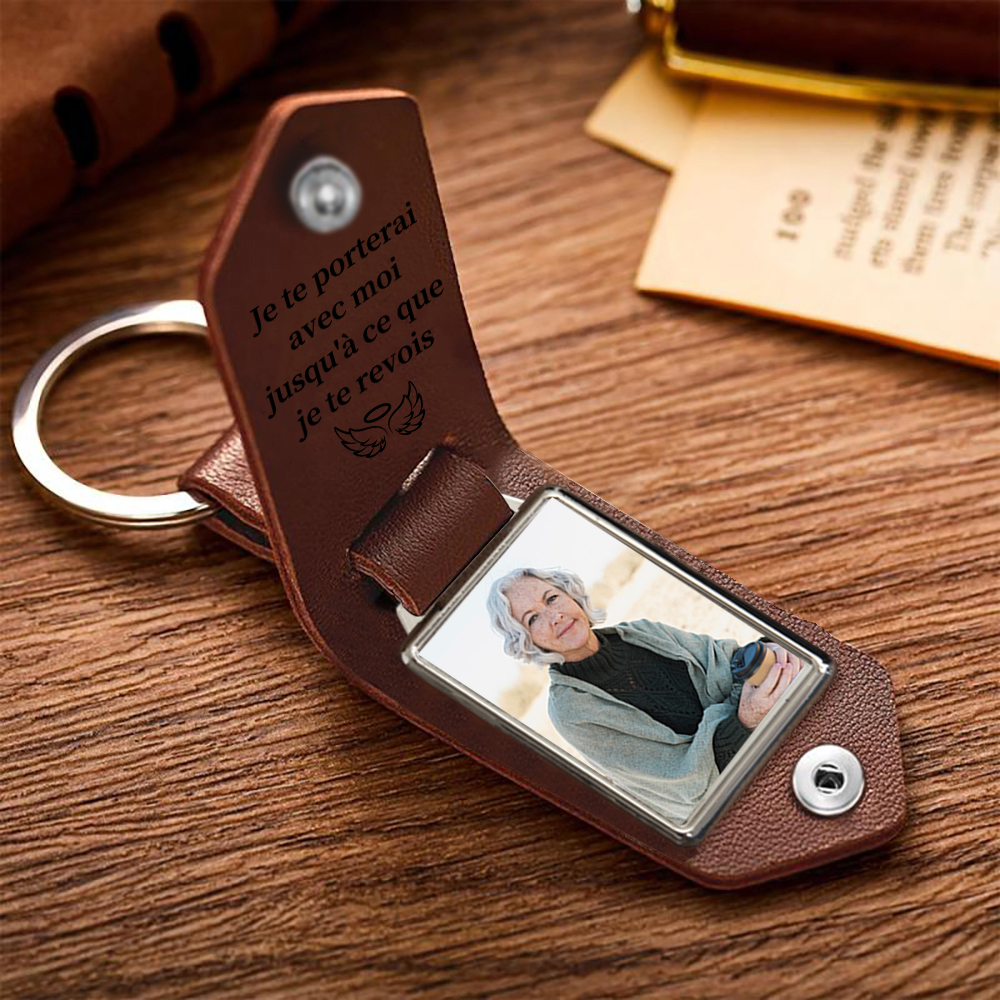Porte-Clés commémoratif en Cuir 1 Prénom et Photo Personnalisés Avec Date