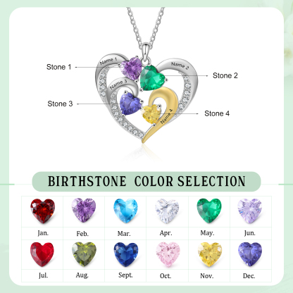 Collier Argent 925 Pendentif Cœur 4 Prénoms et 1 Texte Personnalisés avec 4 Pierre de naissance pour Femmes