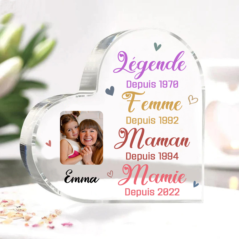 À ma Mamie - Plaque Acrylique en Forme de Cœur 1 Prénom et Photo  Personnalisés avec 4 Années