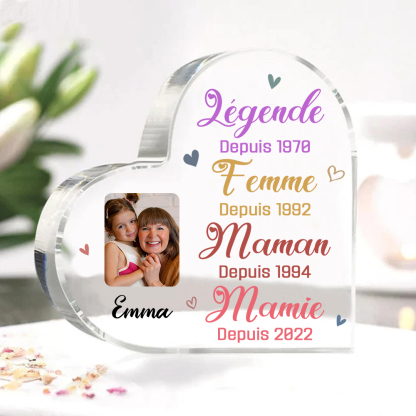 À ma Mamie - Plaque Acrylique en Forme de Cœur 1 Prénom et Photo  Personnalisés avec 4 Années
