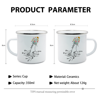 À Maman/Mamie - Tasse émaillée la Main dans la Main 7 Prénoms Personnalisés