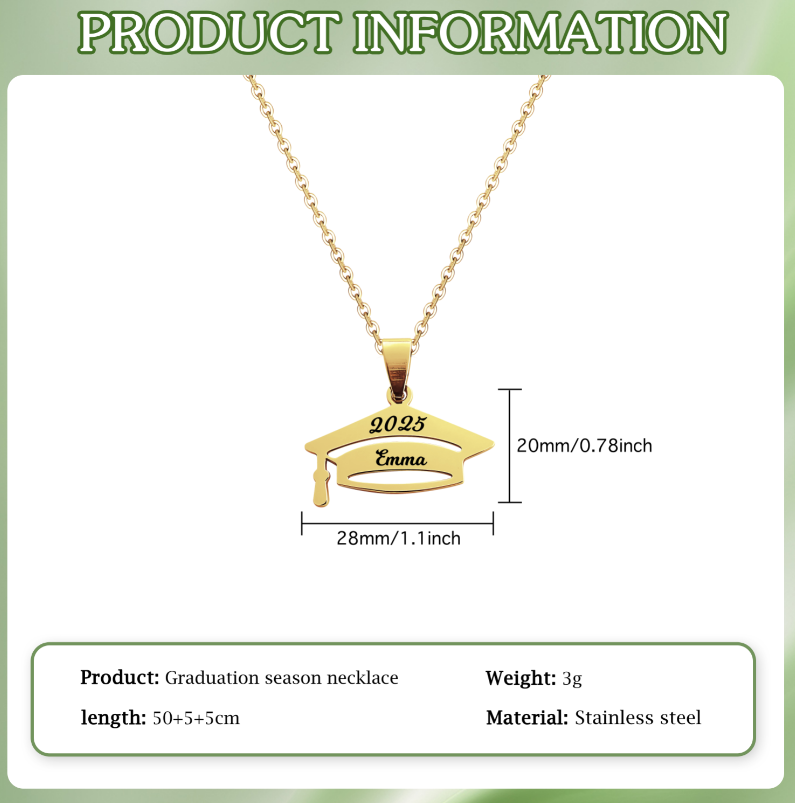 Collier Personnalisé Chapeau de Diplômé avec Nom et Année - Choix de Police et Couleur | Jessemade