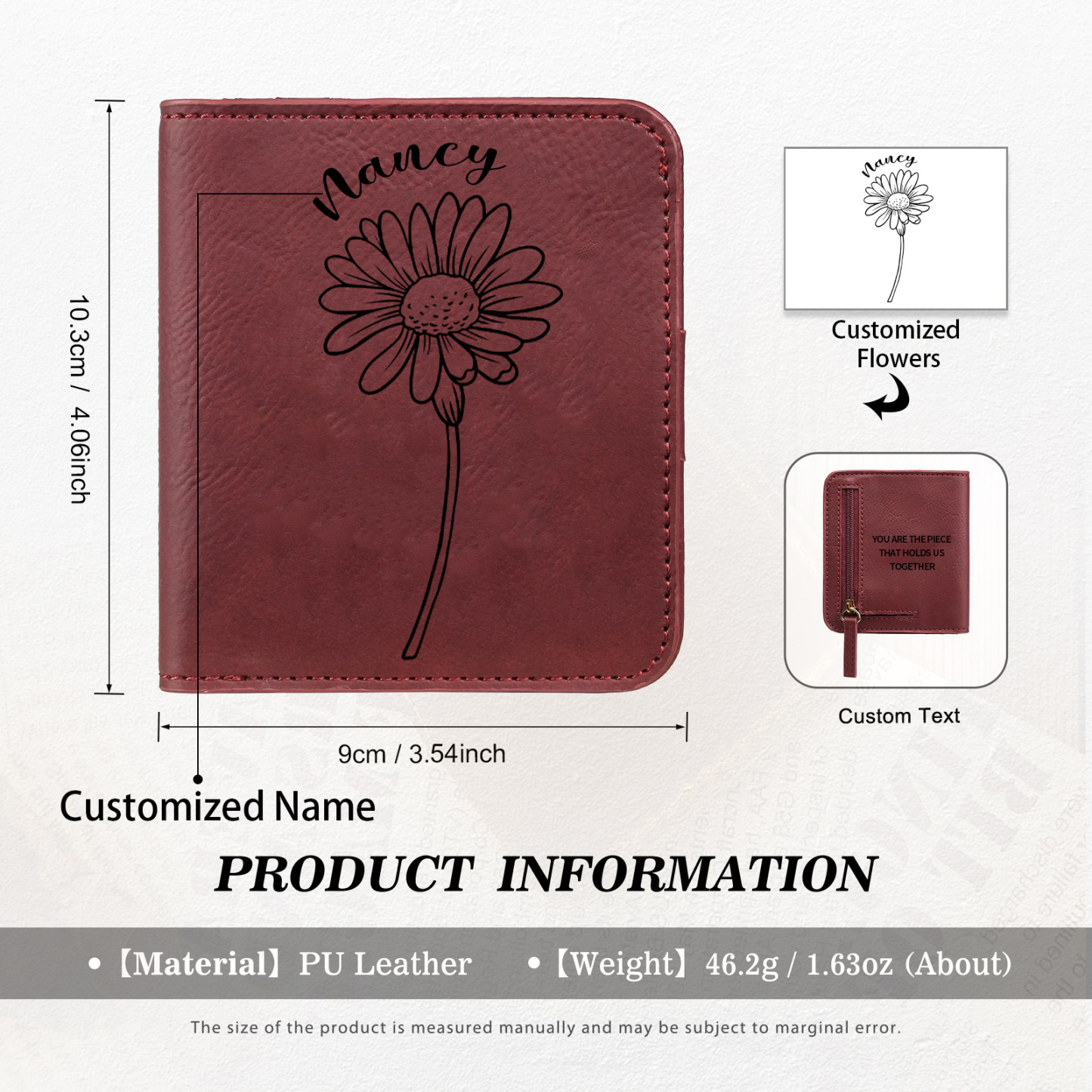Portefeuille 1 Prénom et Texte Personnalisés avec Fleur de Naissance Porte-Monnaie Carte pour Femmes