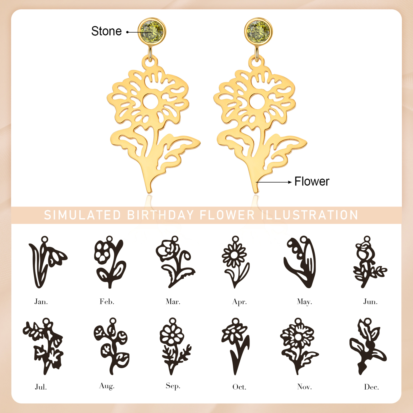 Boucle d'oreille Fleur de Naissance Personnalisé avec Pierre de Naissance