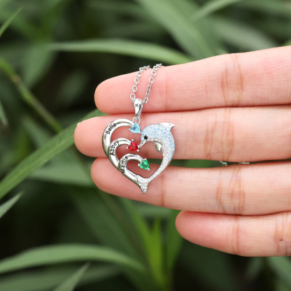 Collier coeur et dauphin 3 Prénoms Personnalisés avec 3 Pierre de Naissance | Jessemade