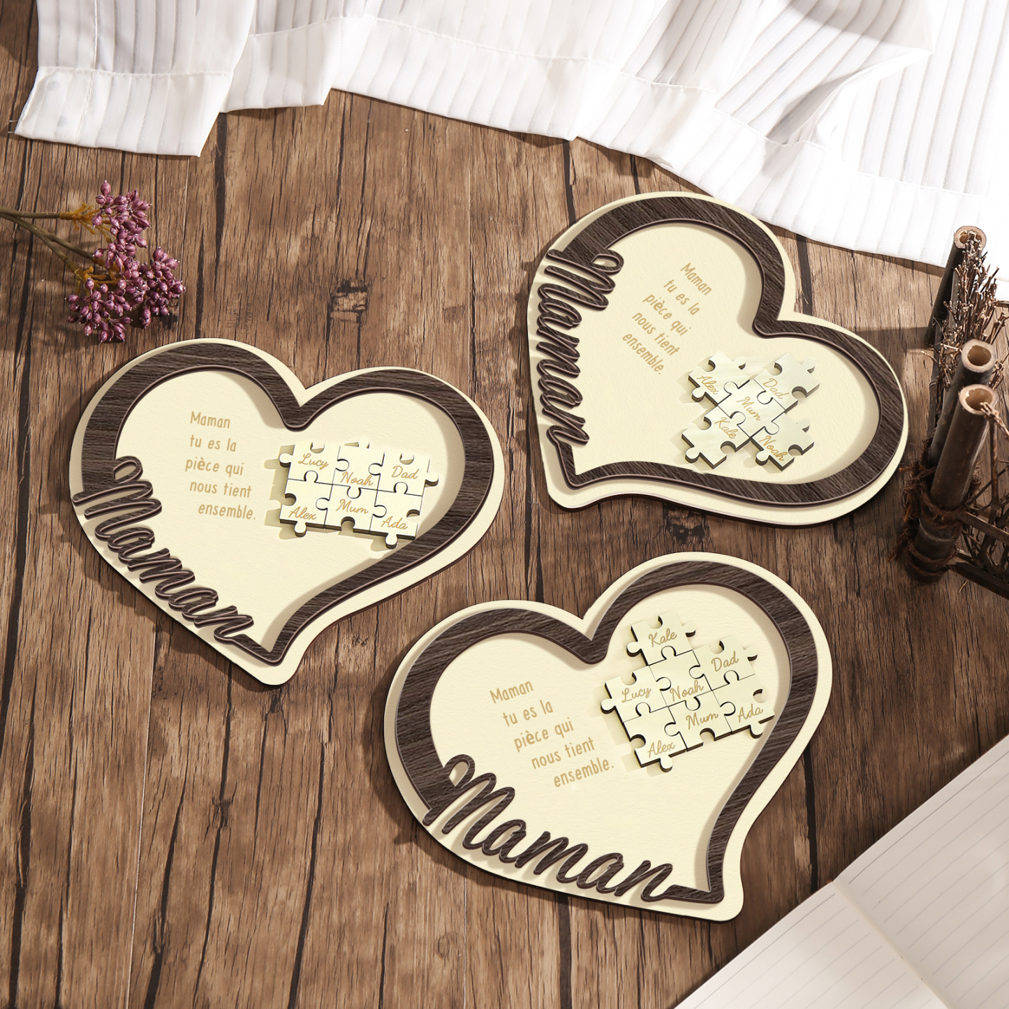 À ma Maman - Décoration en bois Cœur Puzzle 5 Prénoms Personnalisés Ornement pour Famille