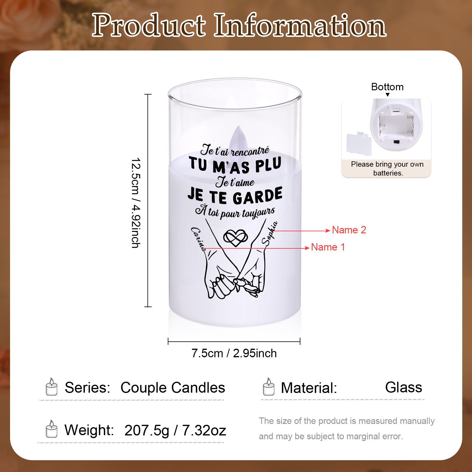 Bougie LED Personnalisée avec Prénoms en Verre – Cadeau Romantique pour Couple