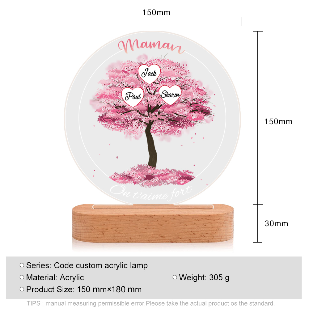 À Maman/Mamie - Lampe de chevet LED Lumières Arbre 3 Prénoms et 2 Textes Personnalisés pour Famille